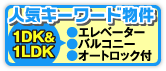 人気キーワード物件 1DK、1LDK、オートロック、バルコニー、エレベーターの物件